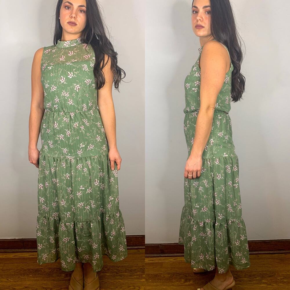 Lush Sage Floral All in Favor High Neck Sleeveless Tiered Dress